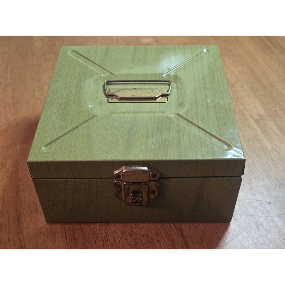 Vintage Metal Cash Lock Box Faux Wood Grain Green Steel Storage Case Handle Tray